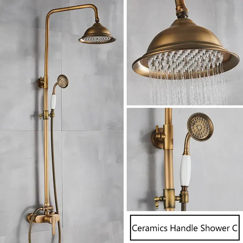 DecorBites™ Antique Brass Shower Set Single Handle Wall Mount Rainfall Mixer Faucet