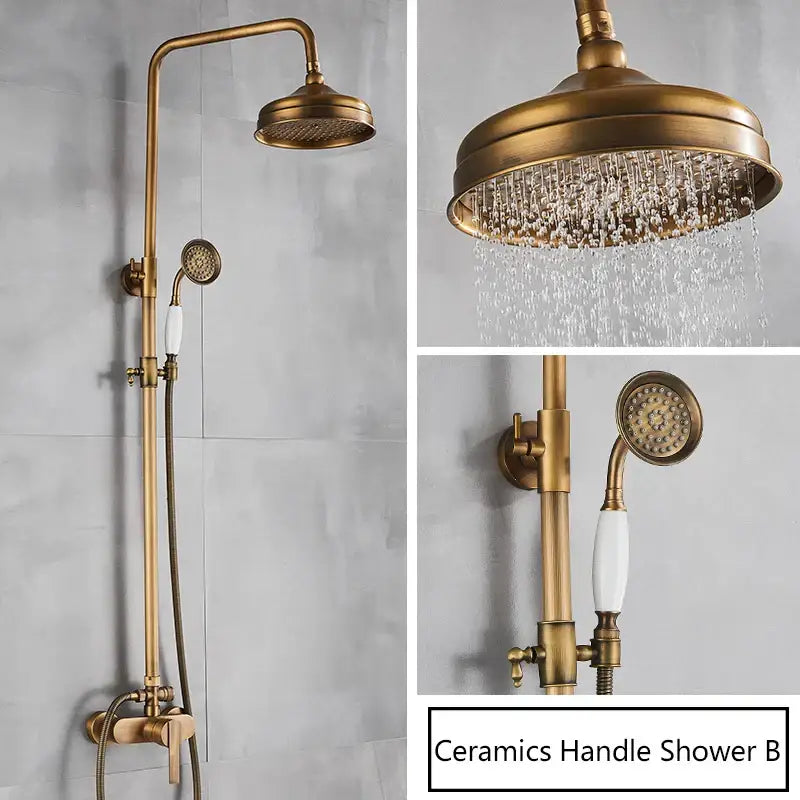 DecorBites™ Antique Brass Shower Set Single Handle Wall Mount Rainfall Mixer Faucet