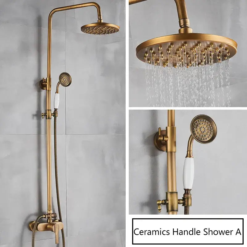 DecorBites™ Antique Brass Shower Set Single Handle Wall Mount Rainfall Mixer Faucet