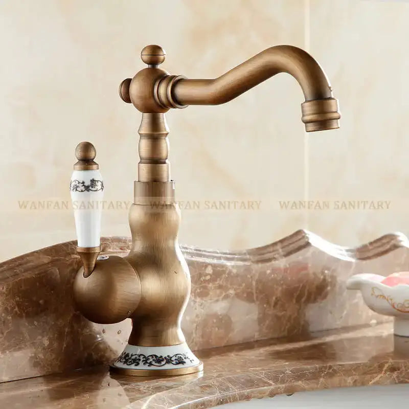 DecorBites™ Antique Brass Single Handle Basin Faucet Swivel Spout Mixer Water Tap