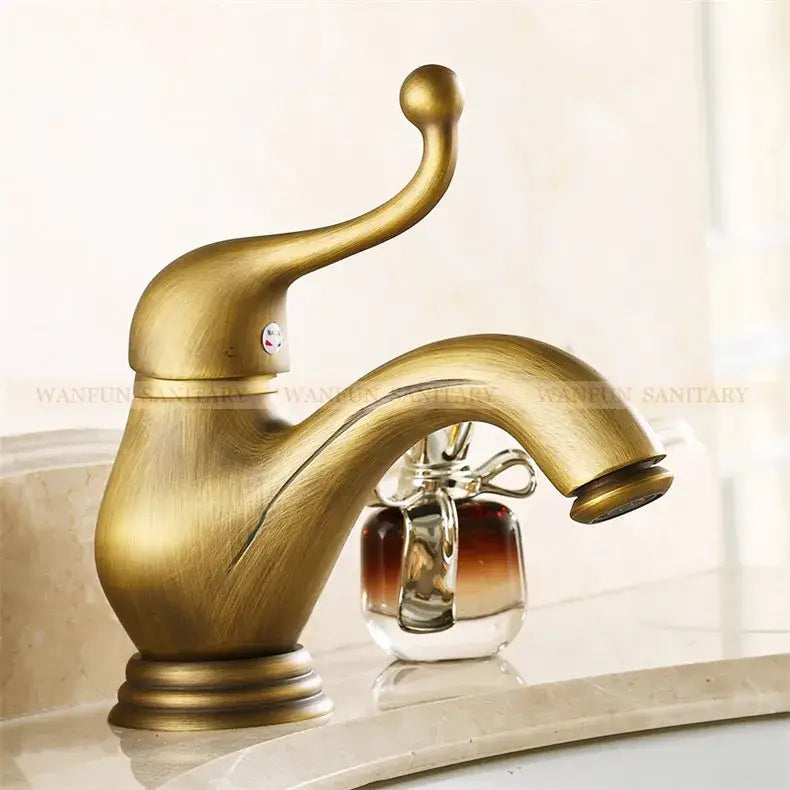 DecorBites™ Antique Brass Single Handle Deck Mount Bathroom Sink Faucet.