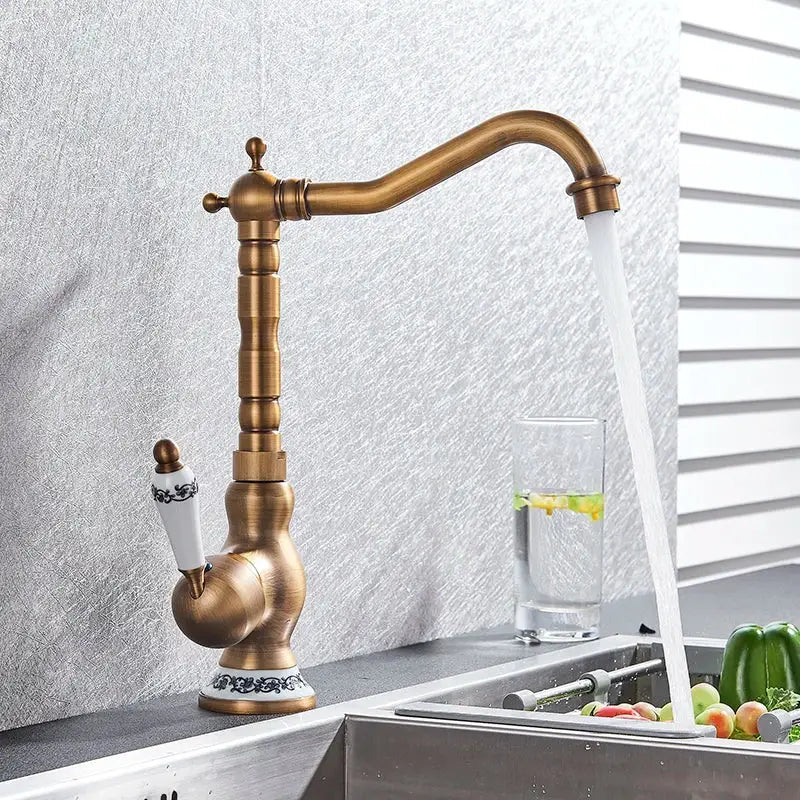 DecorBites™ Antique Brass Single Handle Kitchen Sink Faucet Hot & Cold Water Mixer