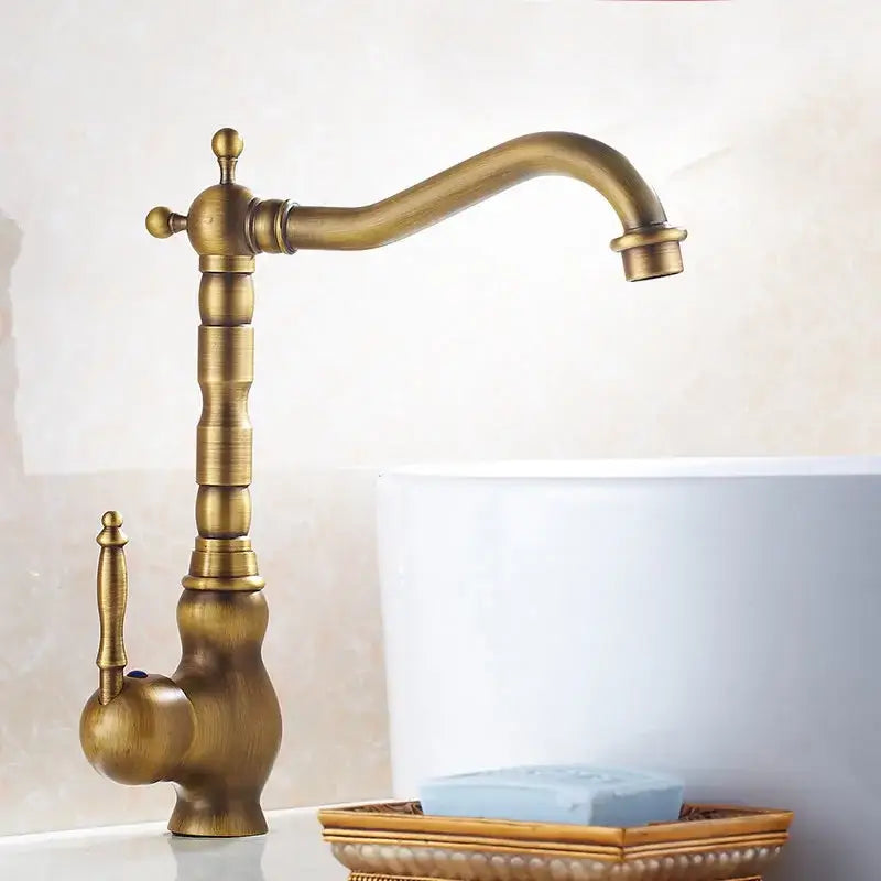 DecorBites™ Antique Brass Single Handle Kitchen Sink Faucet Hot & Cold Water Mixer