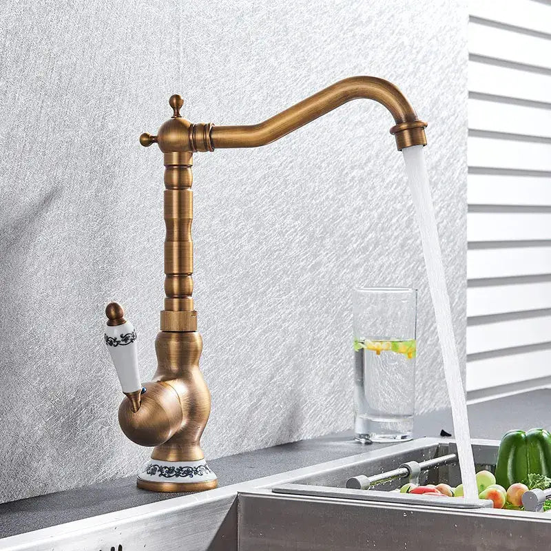 DecorBites™ Antique Brass Single Handle Kitchen Sink Faucet Hot & Cold Water Mixer