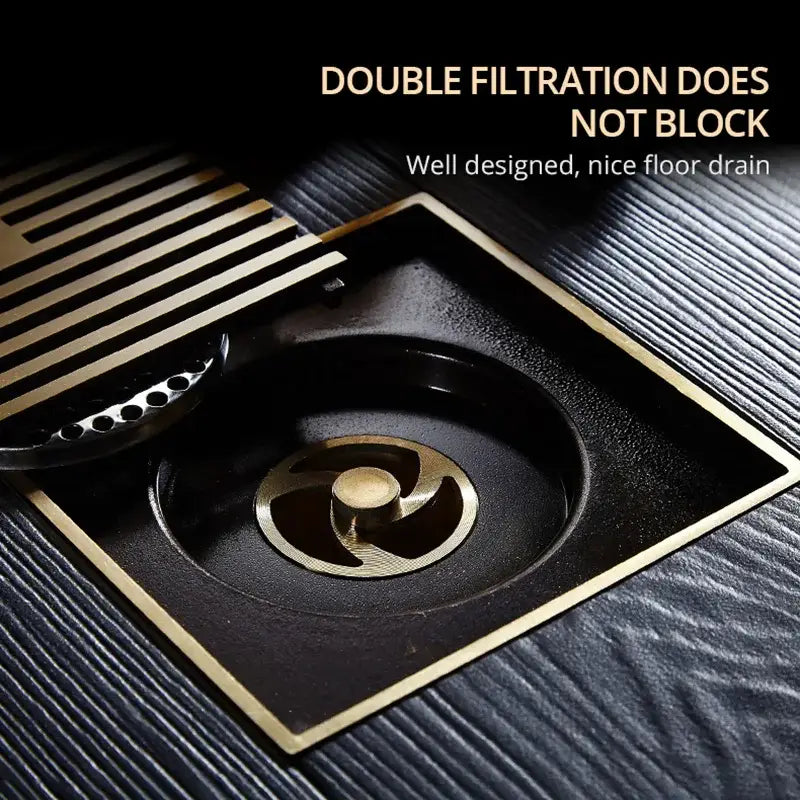 DecorBites™ Antique Brass Square Bath Drain Strainer Hair Art Carved Floor Grate Drain