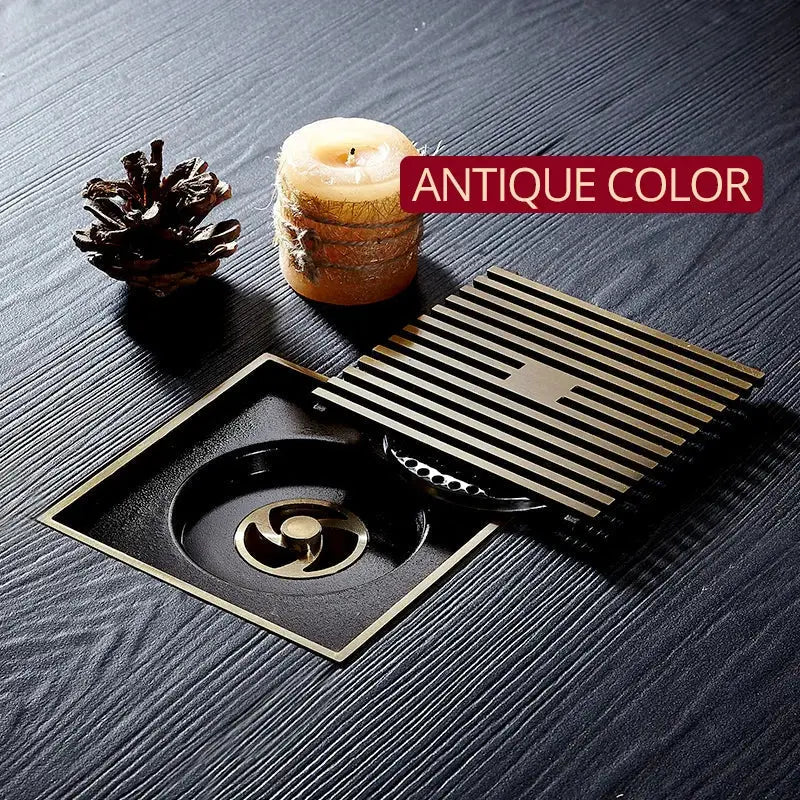 DecorBites™ Antique Brass Square Bath Drain Strainer Hair Art Carved Floor Grate Drain