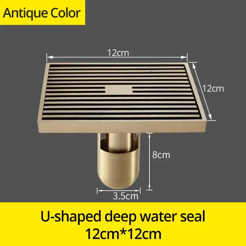 DecorBites™ Antique Brass Square Bath Drain Strainer Hair Art Carved Floor Grate Drain