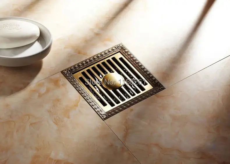 DecorBites™ Antique Brass Square Shower Floor Drain Strainer Grate - HJ-8702S