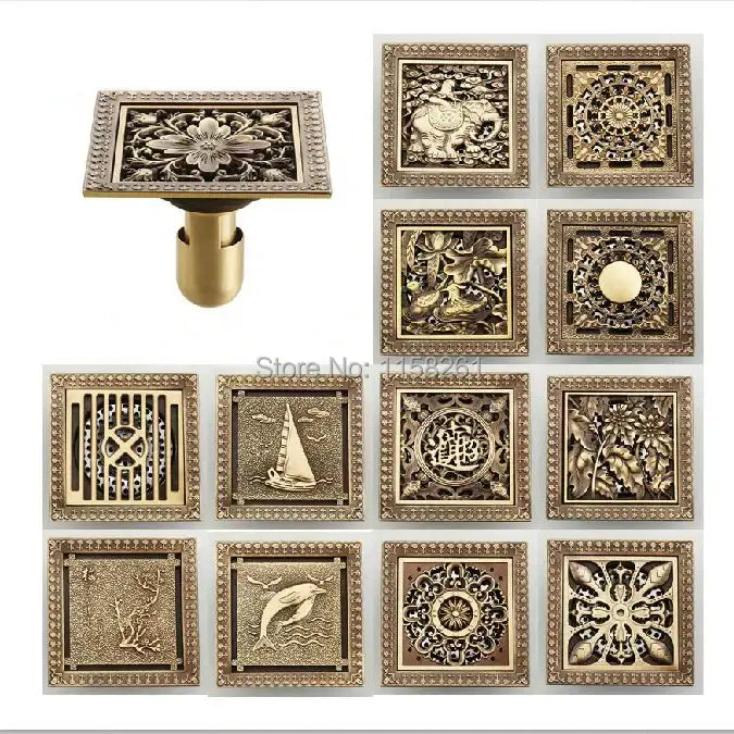 DecorBites™ Antique Brass Square Shower Floor Drain Strainer Grate - HJ-8702S