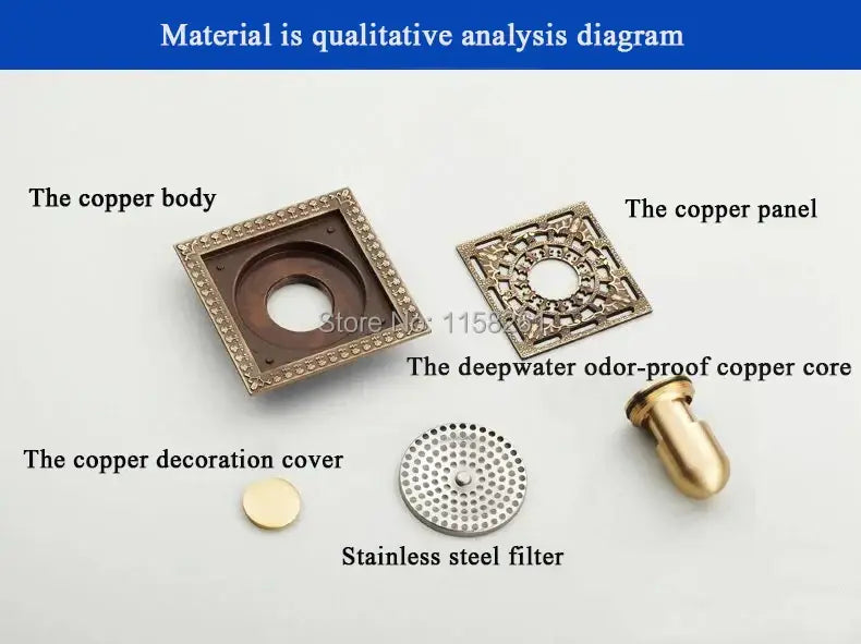 DecorBites™ Antique Brass Square Shower Floor Drain Strainer Grate - HJ-8702S