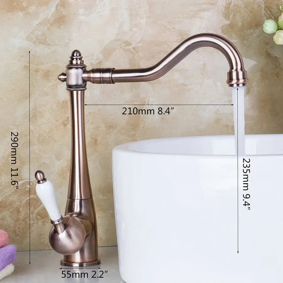 DecorBites™ Antique Brass Swivel Kitchen Faucet with Ceramic Handle for Countertop Sink