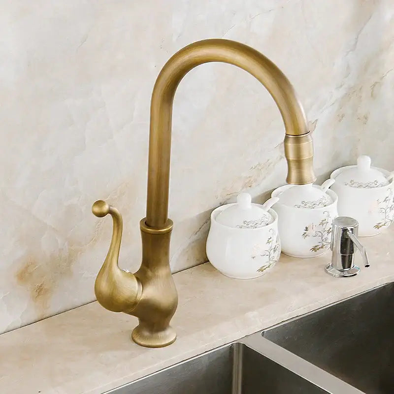 DecorBites™ Antique Brass Swivel Spout Kitchen Faucet Single Handle Vessel Sink Mixer Tap