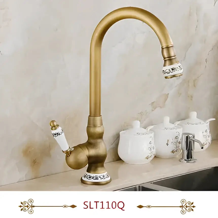 DecorBites™ Antique Brass Swivel Spout Kitchen Faucet Single Handle Vessel Sink Mixer Tap