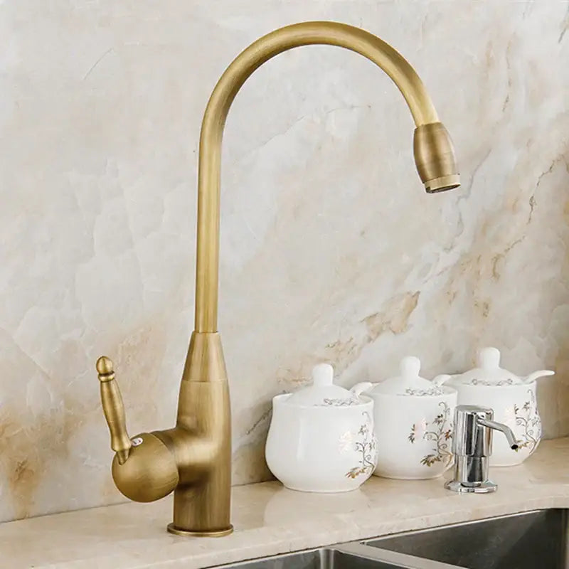 DecorBites™ Antique Brass Swivel Spout Kitchen Faucet Single Handle Vessel Sink Mixer Tap