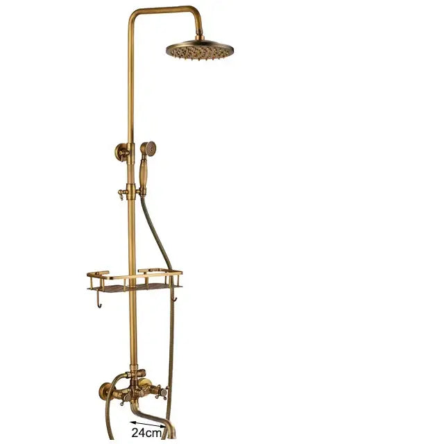 DecorBites™ Antique Brass Wall Mount Bathtub Shower Faucet Dual Handle Shelf Spout