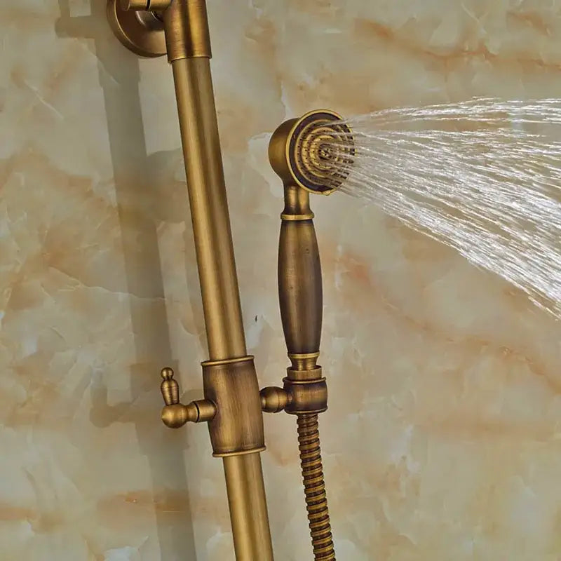 DecorBites™ Antique Brass Wall Mount Shower Faucet with Hand Shower, 8" Rain Shower Head