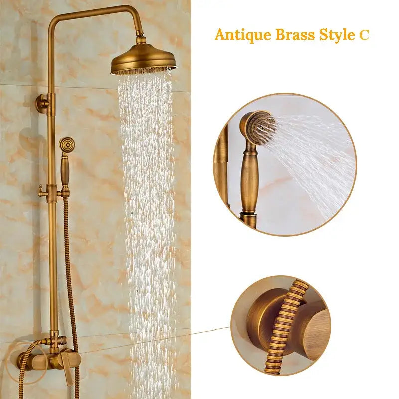 DecorBites™ Antique Brass Wall Mount Shower Faucet with Hand Shower, 8" Rain Shower Head