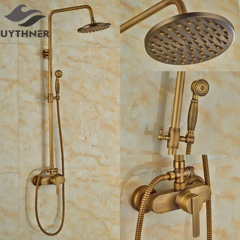 DecorBites™ Antique Brass Wall Mount Shower Faucet with Hand Shower, 8" Rain Shower Head