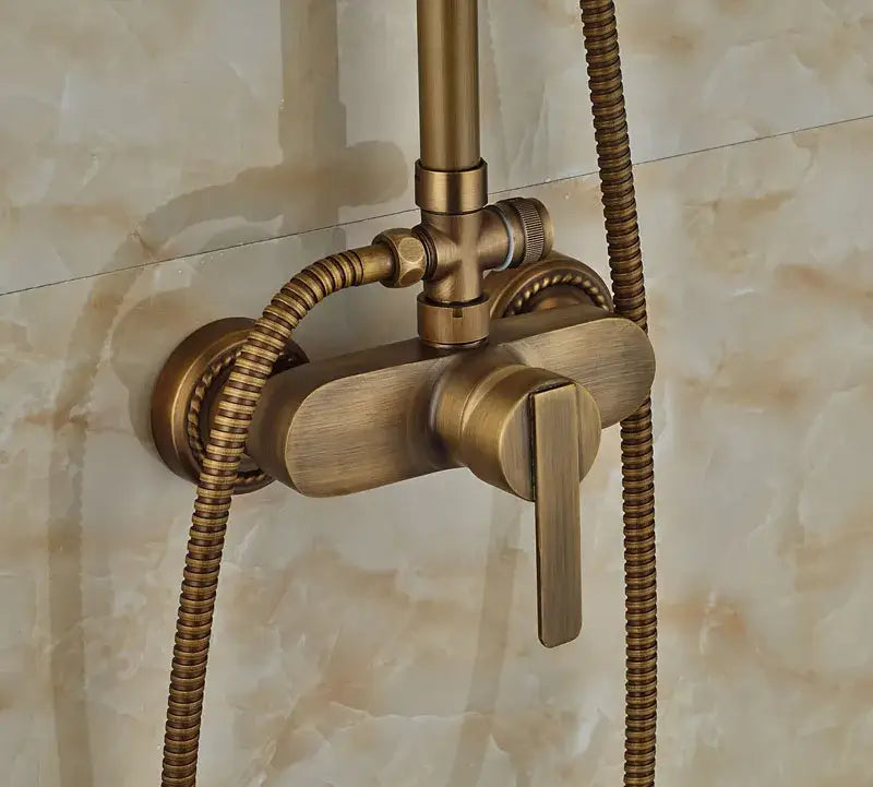 DecorBites™ Antique Brass Wall Mount Shower Faucet with Hand Shower, 8" Rain Shower Head