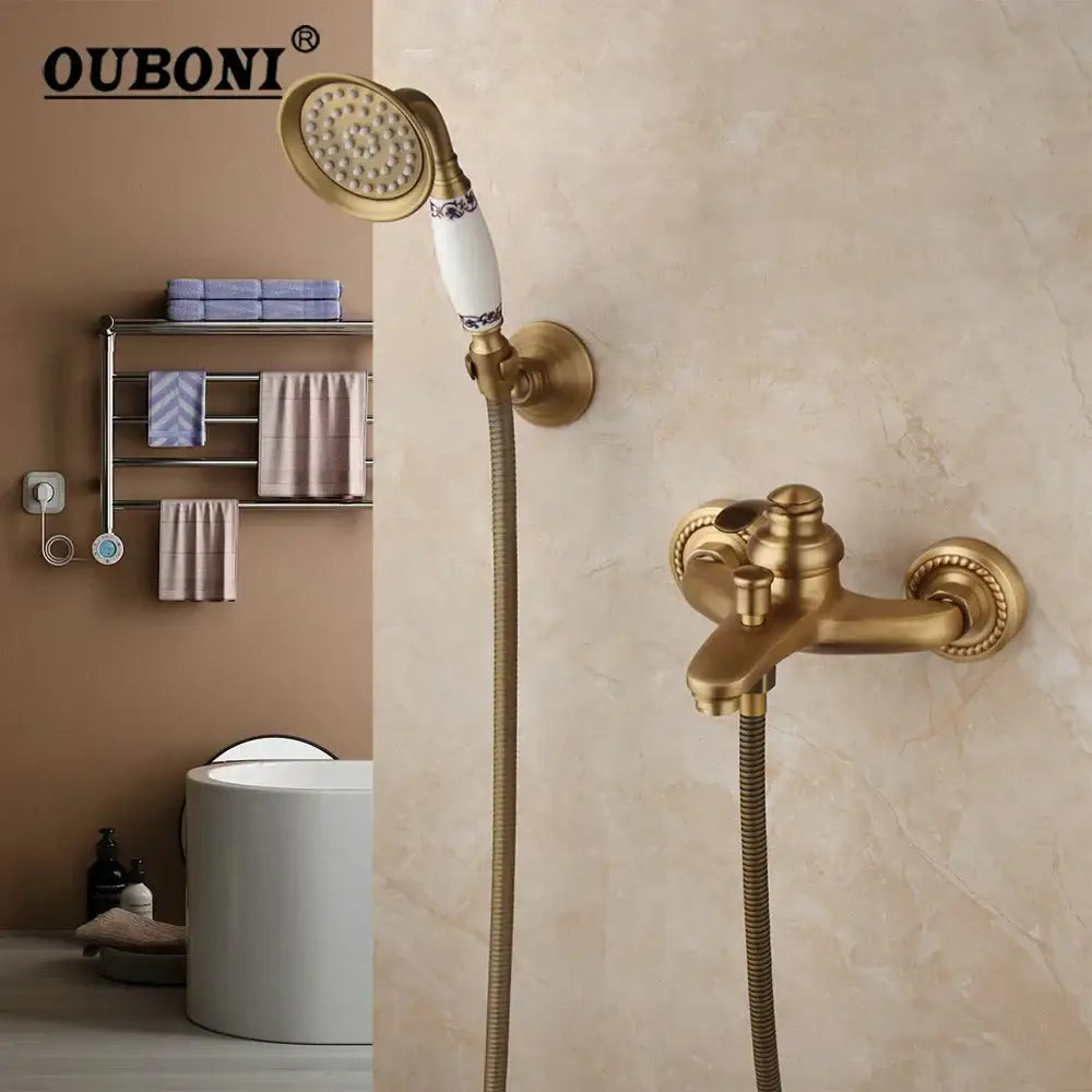DecorBites™ Antique Brass Wall Mounted Shower Faucet Set with Hand Shower Head