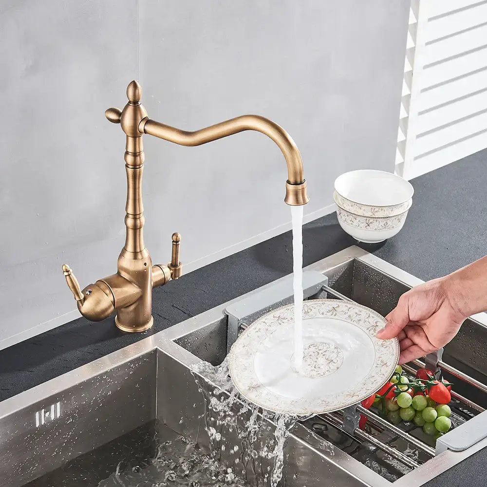 DecorBites™ Antique Brass Water Filtration Kitchen Faucet, Lead-Free Drinking Sink Faucet