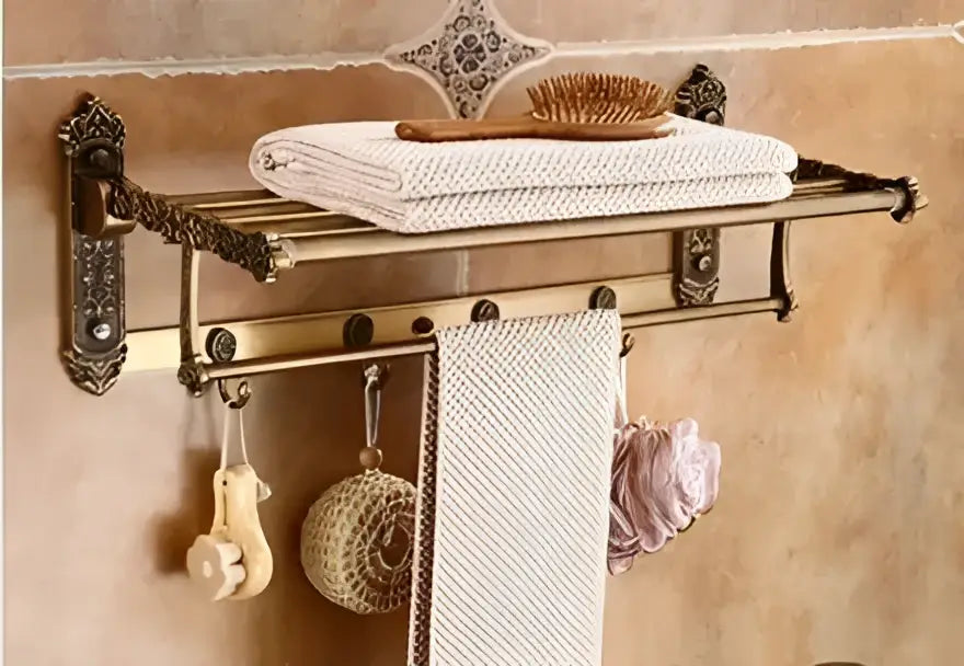 DecorBites™ Antique Bronze Carved Aluminum Bathroom Accessories Set: Towel Rack, Paper Holder, Hooks