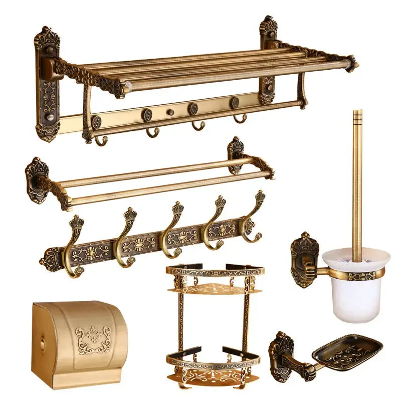 DecorBites™ Antique Bronze Carved Aluminum Bathroom Accessories Set: Towel Rack, Paper Holder, Hooks