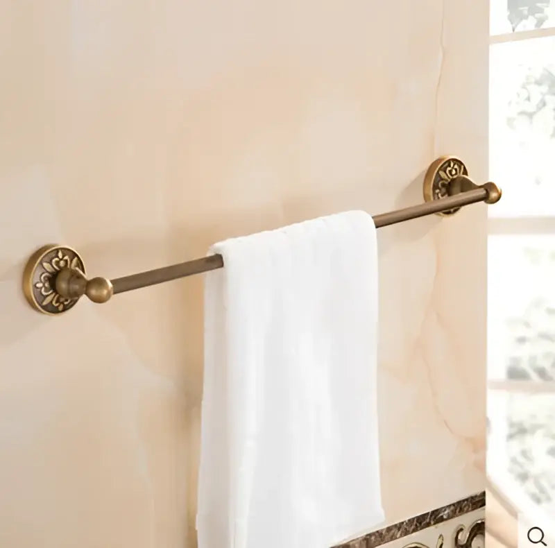 DecorBites™ Antique Bronze Carved Bathroom Accessories Set: Towel Rack, Paper Holder, Toilet Brush Holder, Hooks