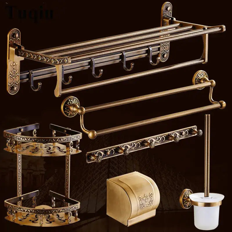 DecorBites™ Antique Bronze Carved Bathroom Accessories Set: Towel Rack, Paper Holder, Toilet Brush Holder, Hooks