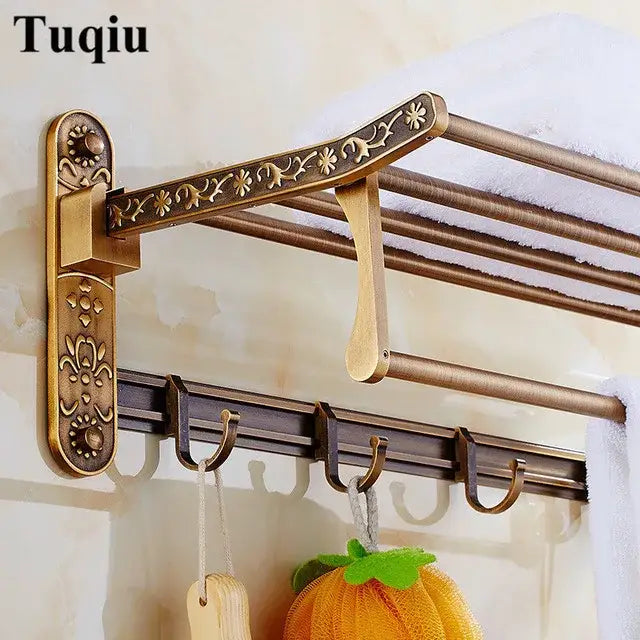DecorBites™ Antique Bronze Carved Bathroom Accessories Set: Towel Rack, Paper Holder, Toilet Brush Holder, Hooks