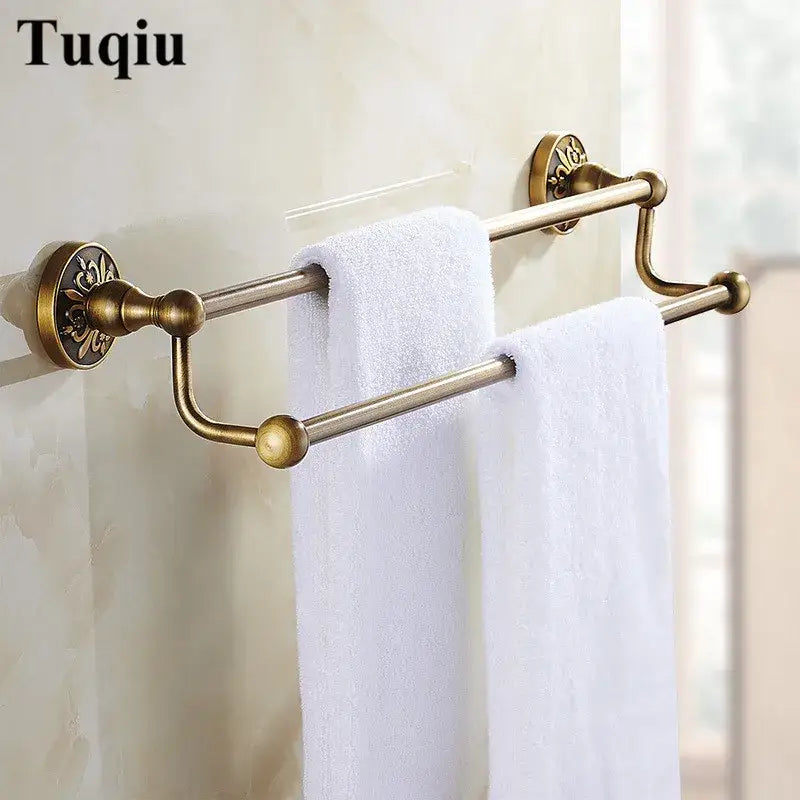 DecorBites™ Antique Bronze Carved Bathroom Accessories Set: Towel Rack, Paper Holder, Toilet Brush Holder, Hooks