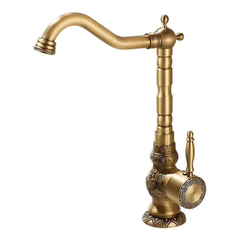 DecorBites™ Antique Carved Brass Bathroom Sink Faucet Hot & Cold Mixer Deck Mounted Tap