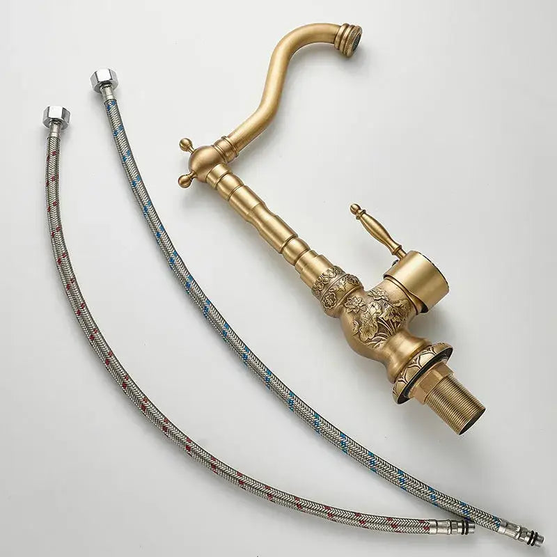 DecorBites™ Antique Carved Brass Bathroom Sink Faucet Hot & Cold Mixer Deck Mounted Tap