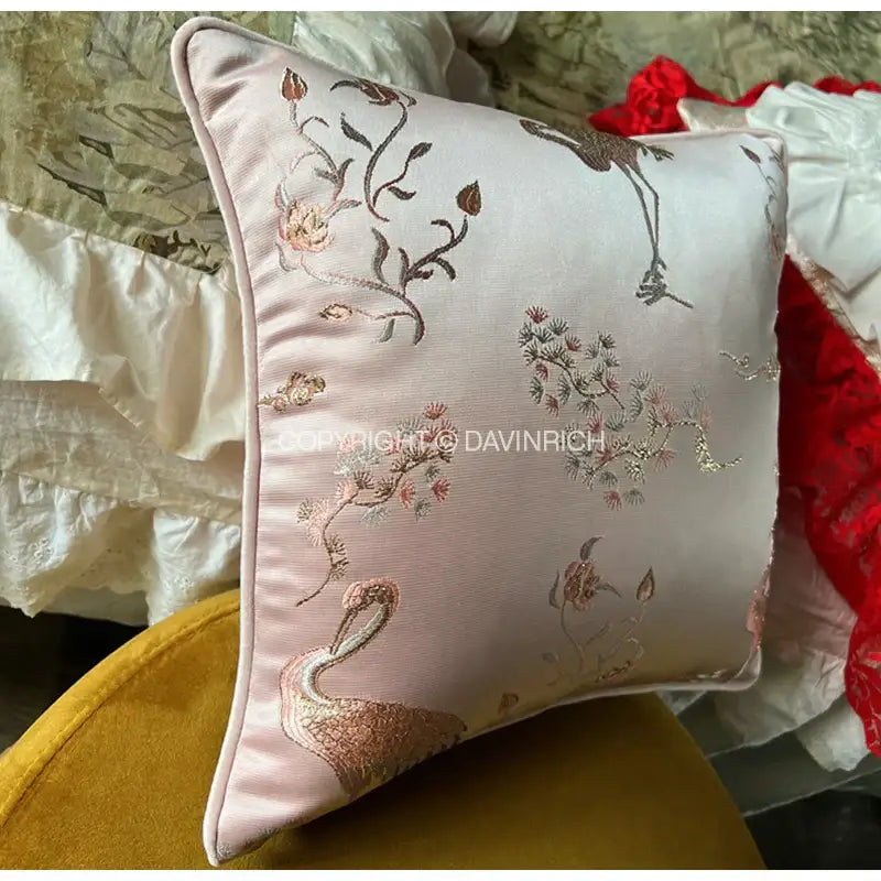 DecorBites™ Antique Crane Floral Jacquard Luxury Lumbar Pillow Case Square Gold Stitch