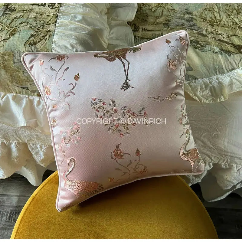 DecorBites™ Antique Crane Floral Jacquard Luxury Lumbar Pillow Case Square Gold Stitch