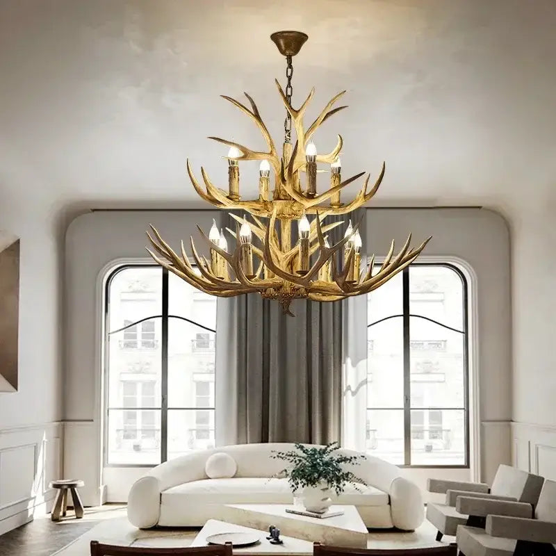 DecorBites™ Antler Deer Chandelier: Rustic Resin Hanging Lamp for Living Room & Loft