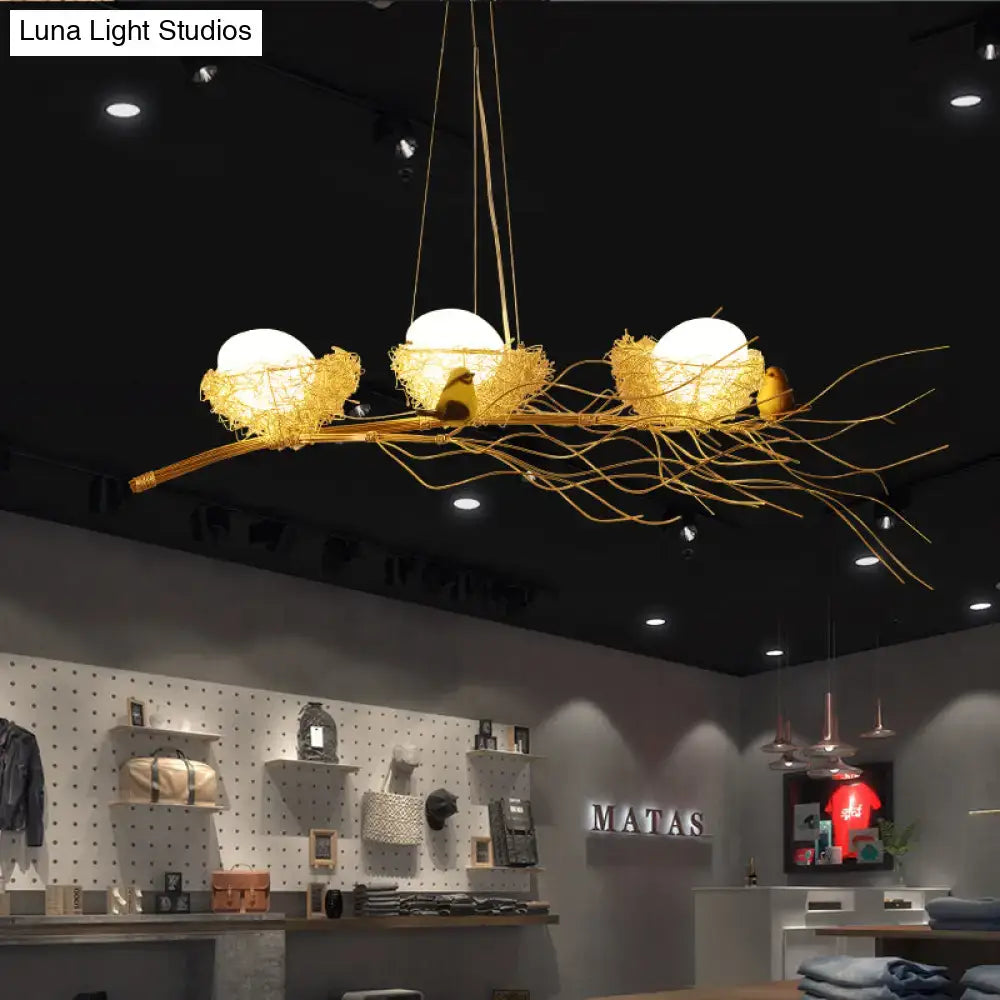 DecorBites™ Artistic Aluminum Wire Nest Island Lamp with Wood Egg and Bird: A Unique Suspension for Dining Room