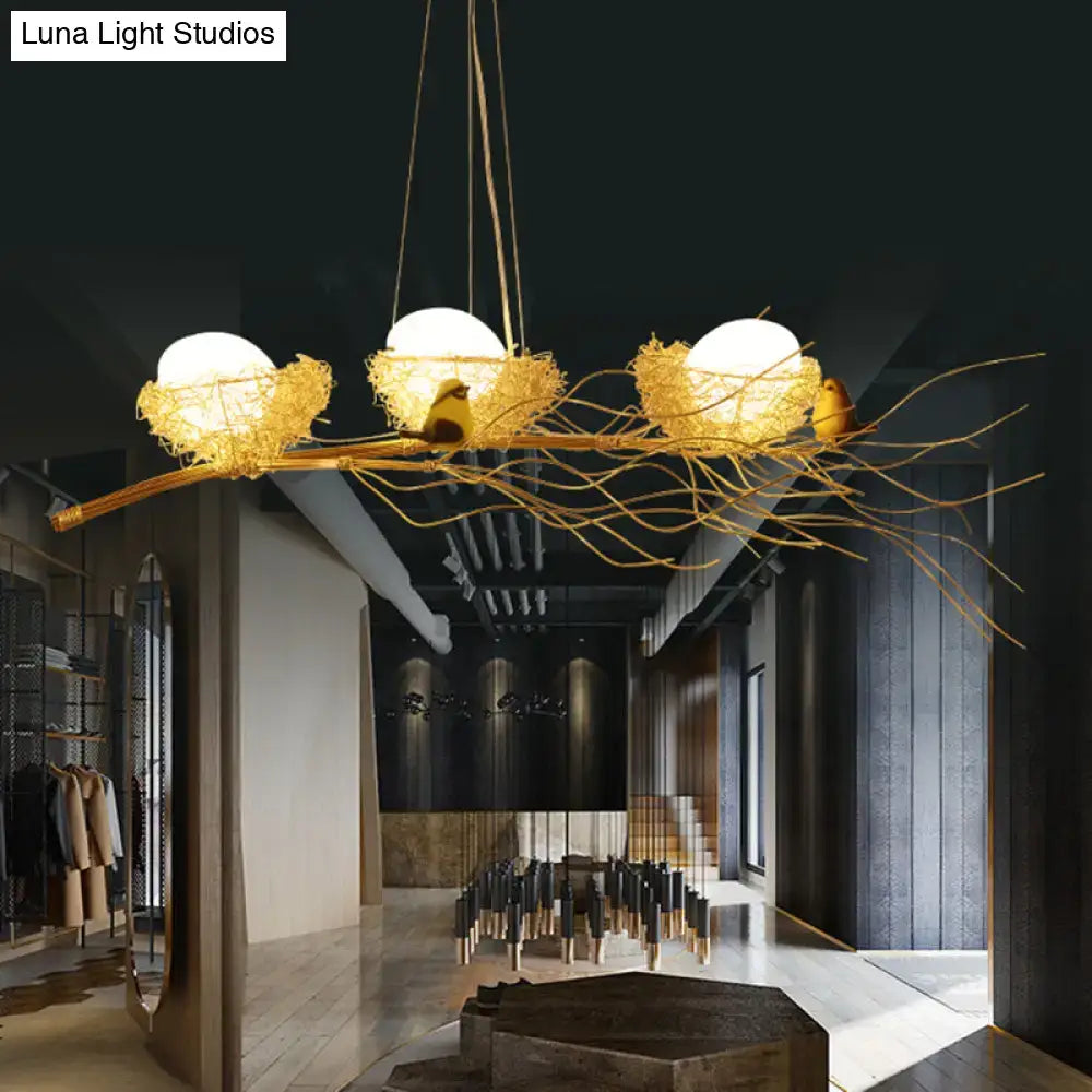 DecorBites™ Artistic Aluminum Wire Nest Island Lamp with Wood Egg and Bird: A Unique Suspension for Dining Room