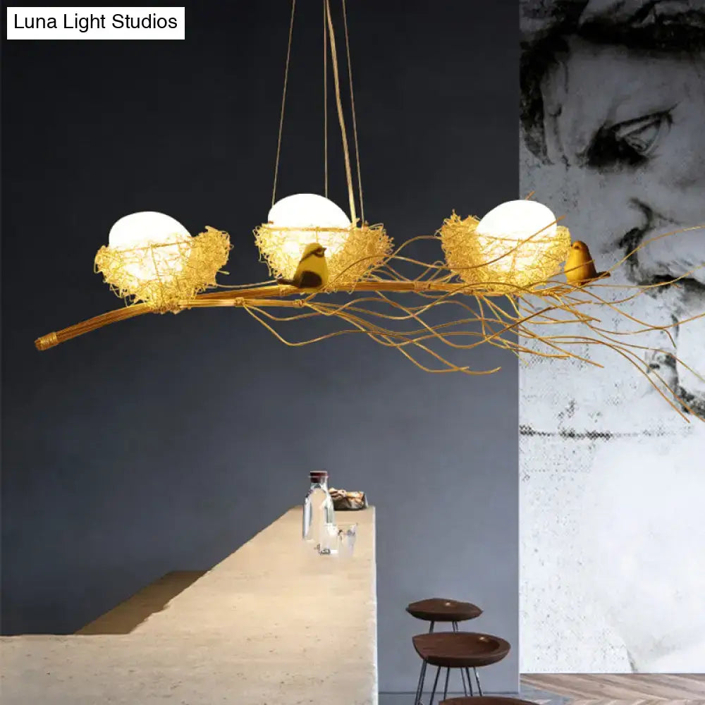 DecorBites™ Artistic Aluminum Wire Nest Island Lamp with Wood Egg and Bird: A Unique Suspension for Dining Room
