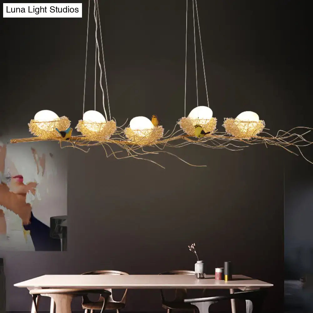 DecorBites™ Artistic Aluminum Wire Nest Island Lamp with Wood Egg and Bird: A Unique Suspension for Dining Room