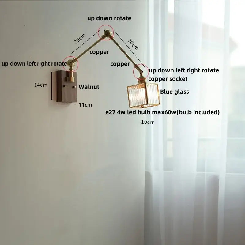 DecorBites™ Ash Wood LED Swing Arm Wall Light with Pull Chain Switch & Blue Glass