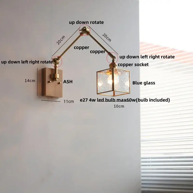DecorBites™ Ash Wood LED Swing Arm Wall Light with Pull Chain Switch & Blue Glass