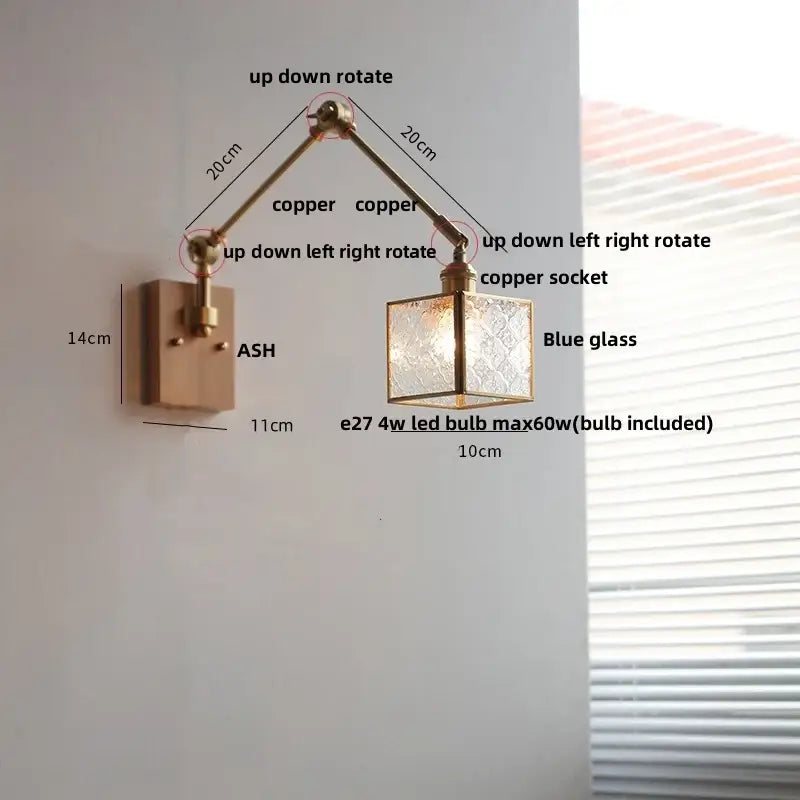 DecorBites™ Ash Wood LED Swing Arm Wall Light with Pull Chain Switch & Blue Glass