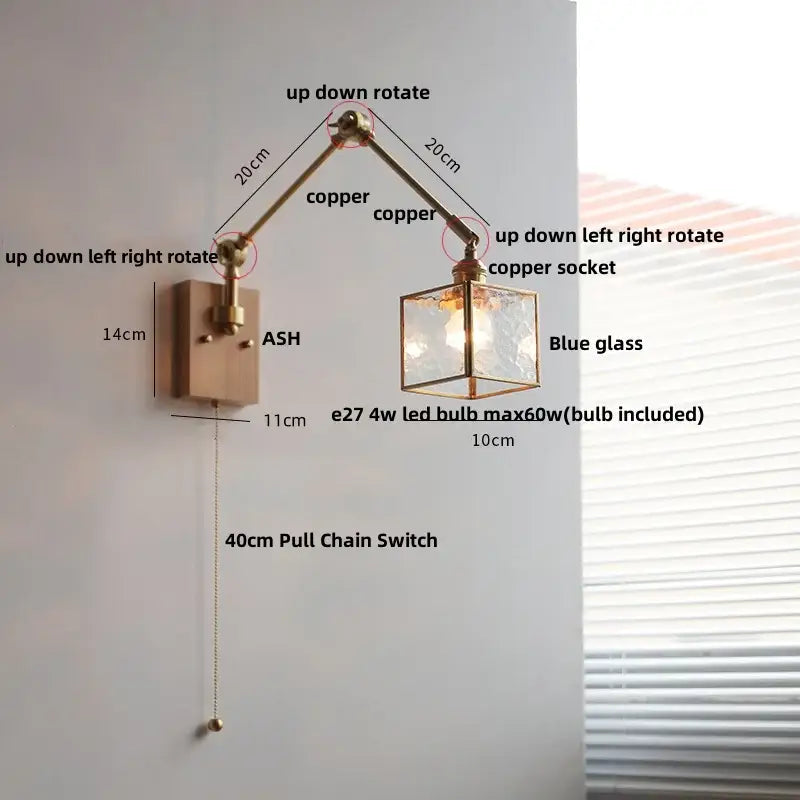 DecorBites™ Ash Wood LED Swing Arm Wall Light with Pull Chain Switch & Blue Glass