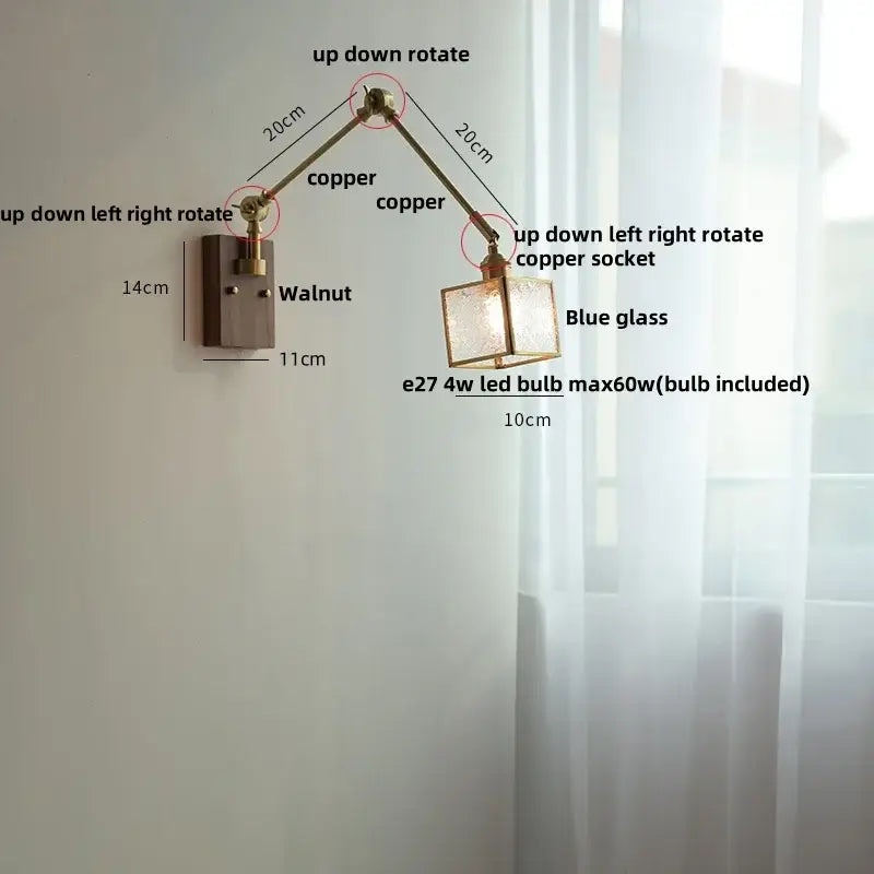 DecorBites™ Ash Wood LED Swing Arm Wall Light with Pull Chain Switch & Blue Glass
