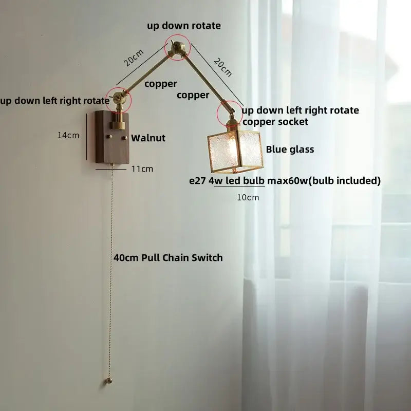 DecorBites™ Ash Wood LED Swing Arm Wall Light with Pull Chain Switch & Blue Glass