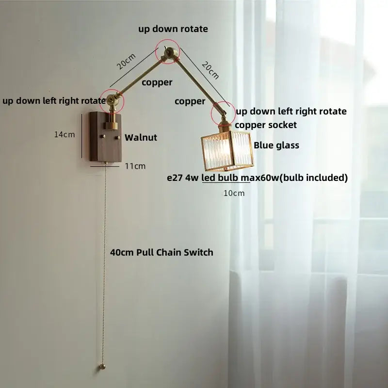 DecorBites™ Ash Wood LED Swing Arm Wall Light with Pull Chain Switch & Blue Glass