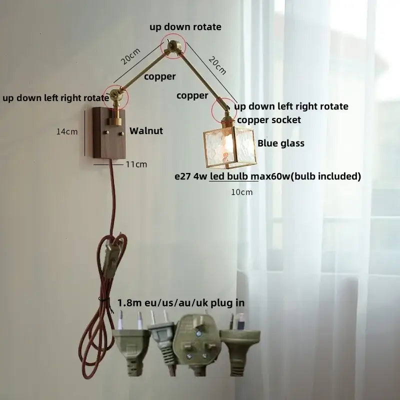 DecorBites™ Ash Wood LED Swing Arm Wall Light with Pull Chain Switch & Blue Glass