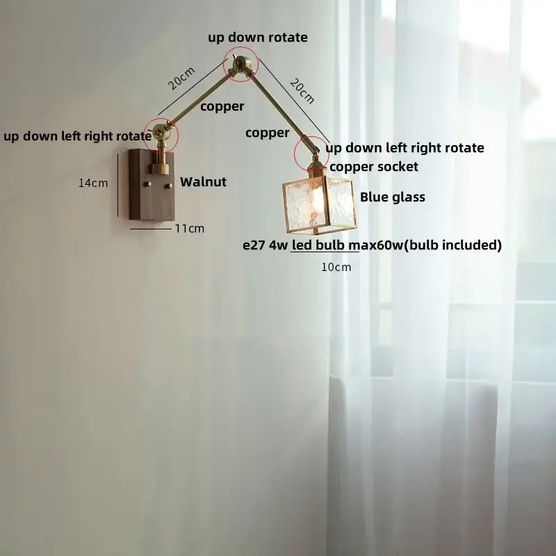 DecorBites™ Ash Wood LED Swing Arm Wall Light with Pull Chain Switch & Blue Glass