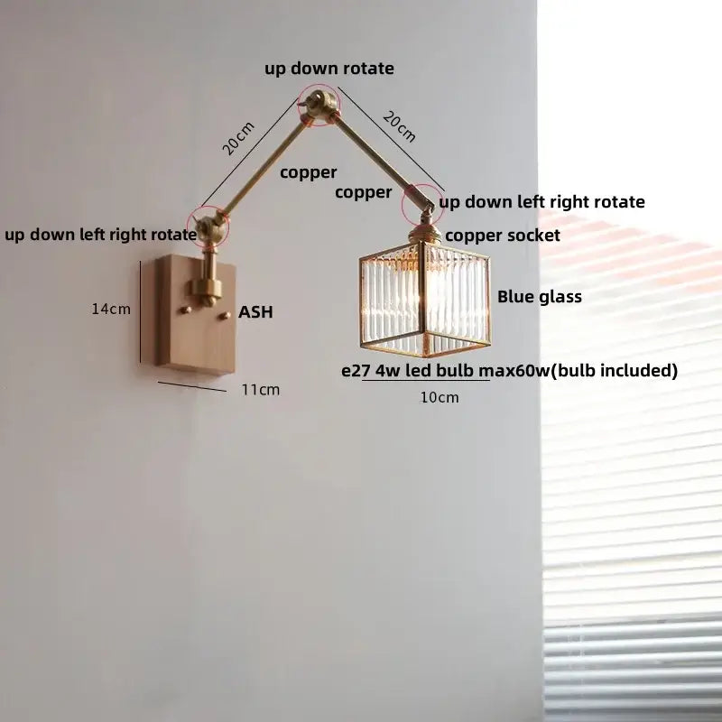 DecorBites™ Ash Wood LED Swing Arm Wall Light with Pull Chain Switch & Blue Glass